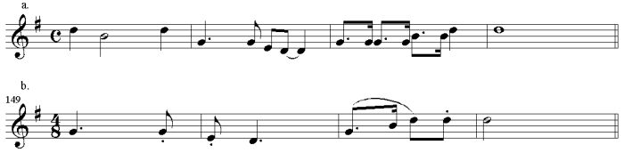 Example 2a Swing Low, Sweet Chariot; 2b Adagio, m. 149.